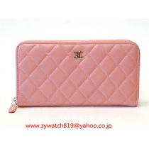 シャネル偽物財布 マトラッセラムスキンラウンドファスナー長財布 ピンク A50097