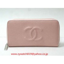 シャネルブランドコピー キャビアスキンラウンドジップ長財布 ベビーピンク A48657
